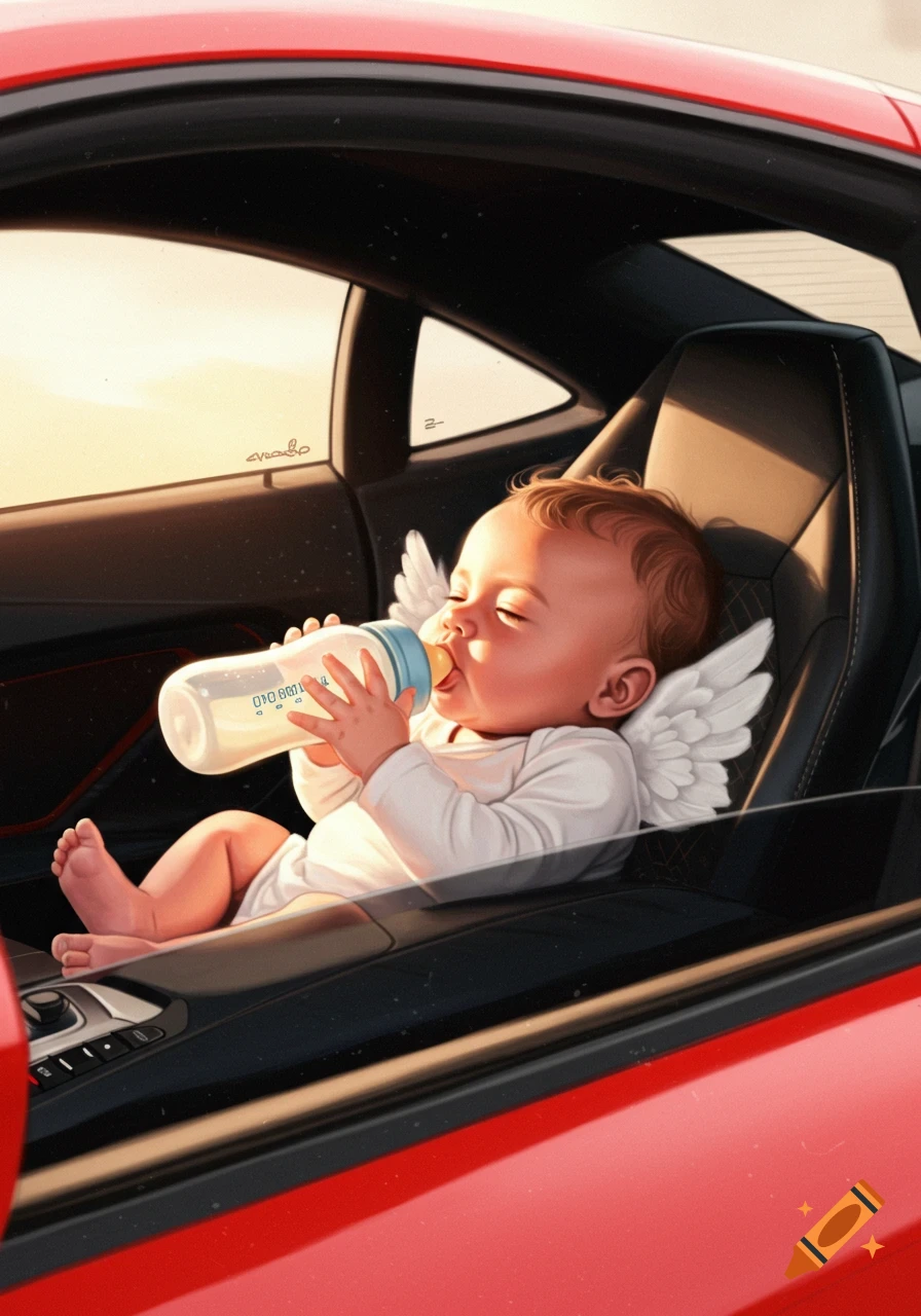 A cute baby with small white wings lies in the passenger seat of a red car, drinking from a baby bottle. The style is detailed digital illustration.