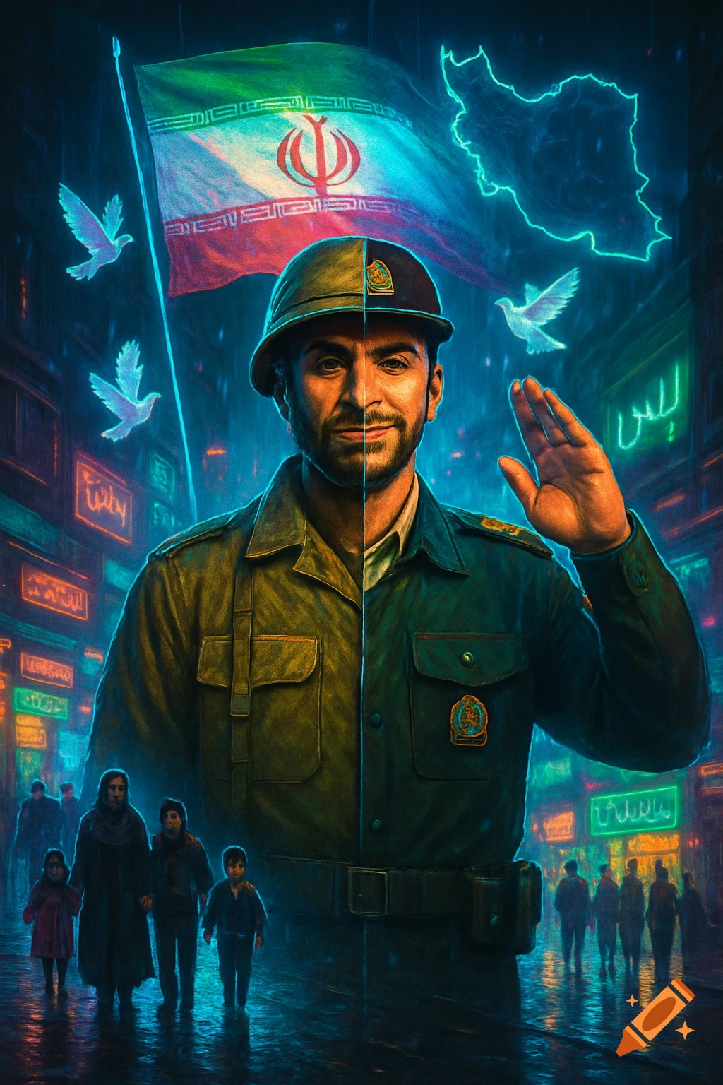 Cyberpunk conceptual poster of an Iranian soldier/police officer, split between traditional and modern uniform, saluting under a glowing Iranian flag and map, with families in a neon-lit city street.