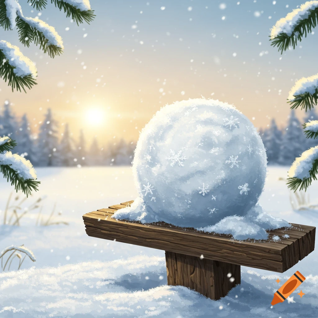 A large snowball rests on a wooden plank in a snowy forest scene with evergreens, under a bright, low sun.