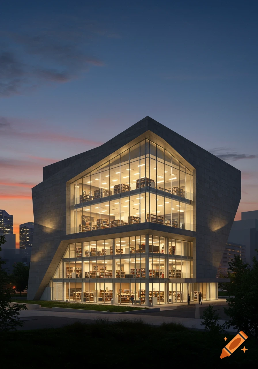 Photorealistic image of a modern concrete and glass library building lit up at dusk, with a colorful sunset sky.