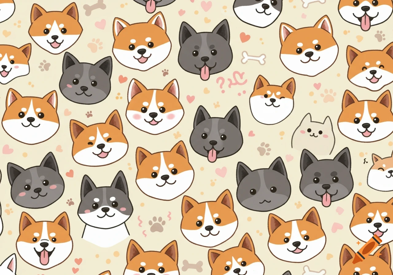 A seamless cartoon pattern of cute Akita and grey dog faces with small hearts, bones, and paw prints on a light background.