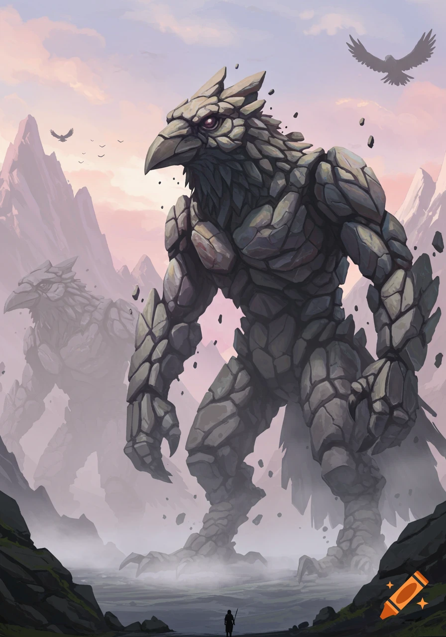 Two colossal rock crow monsters tower over a small human in a misty mountain valley under a pink sky, fantasy art.