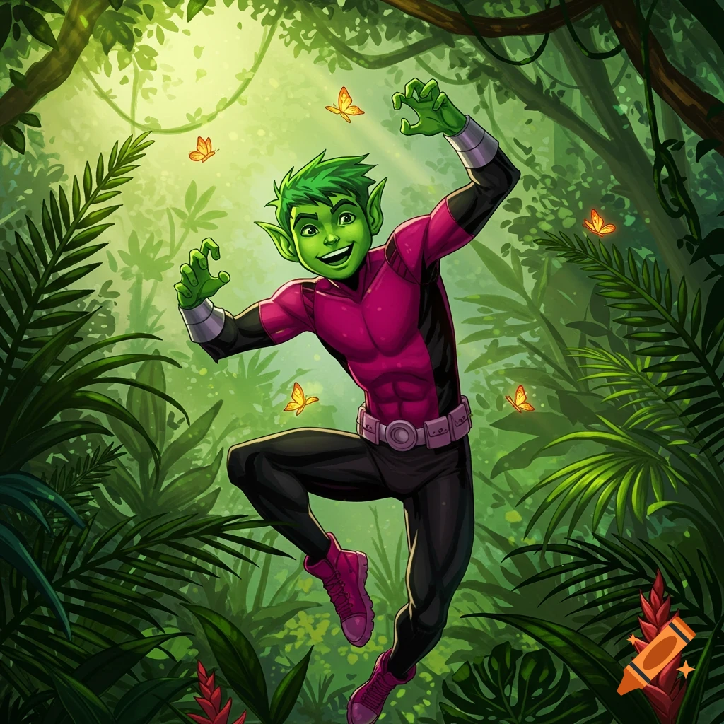 Vibrant cartoon of Beast Boy, green-skinned, in a purple and black suit, jumping and smiling in a lush jungle with butterflies.