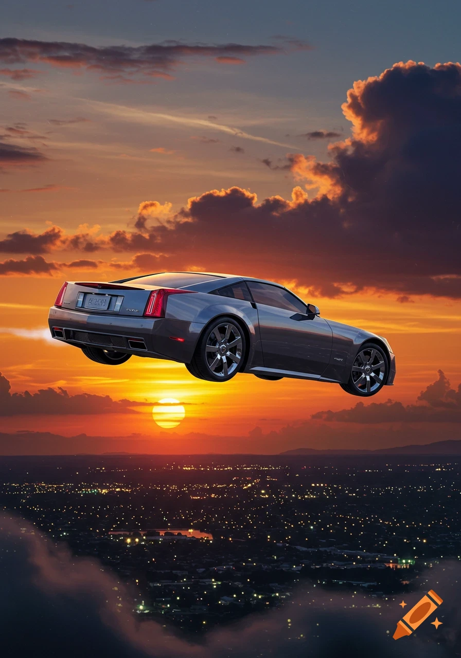 A grey Cadillac XLR car flies high over a city skyline at sunset, with an orange sky.