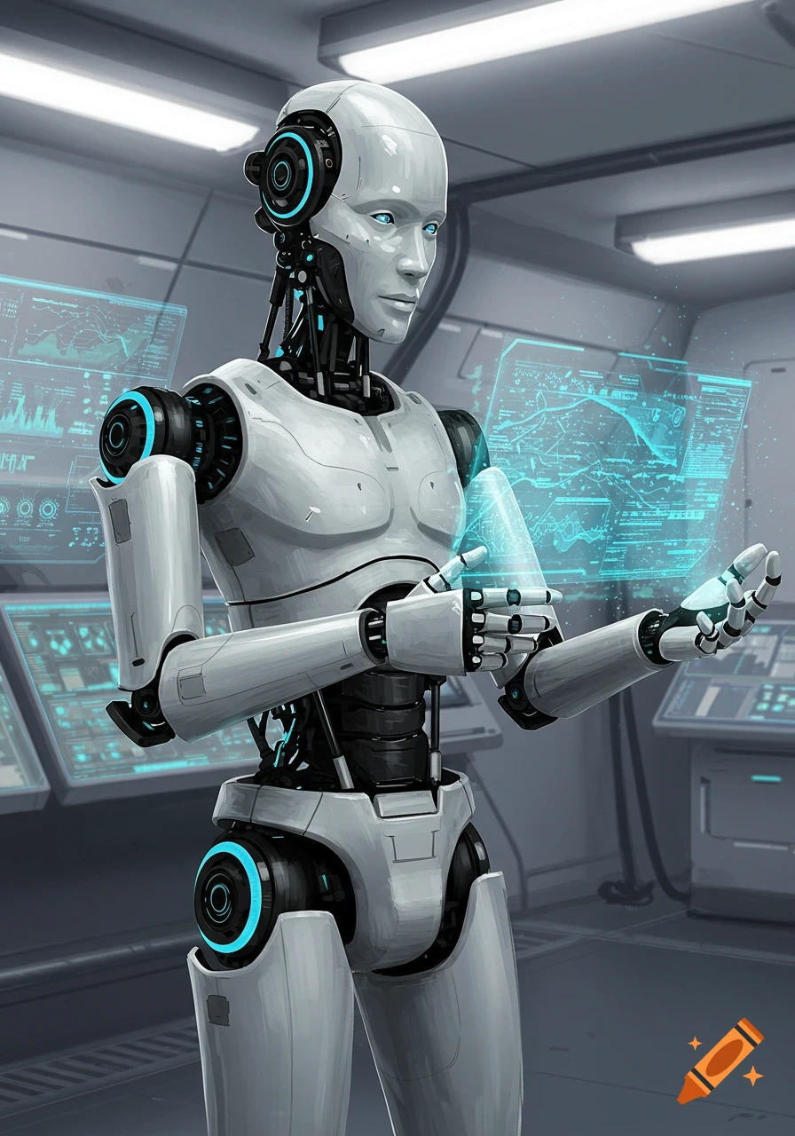 A white and black robot with glowing blue accents interacts with holographic data screens in a futuristic control room.
