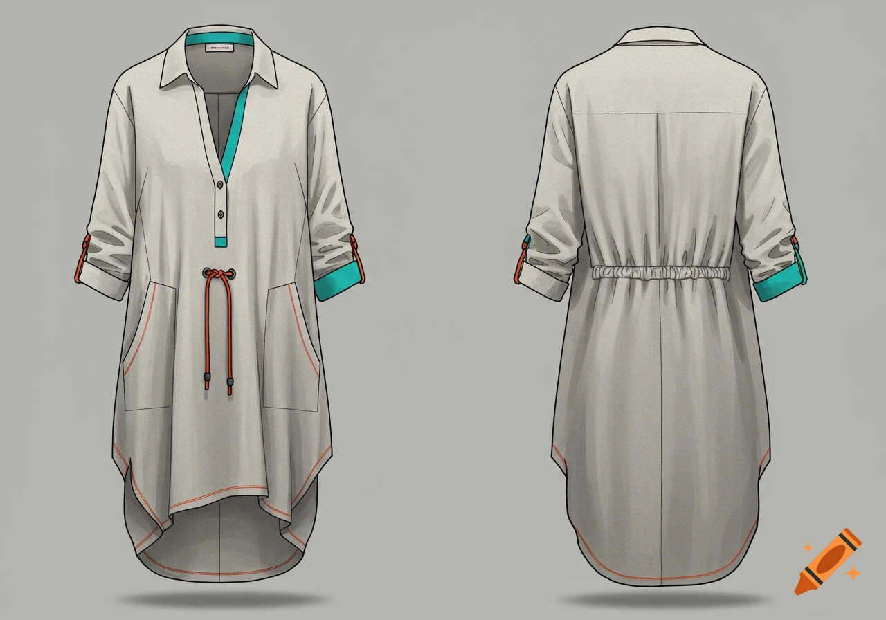 Front and back views of a beige tunic with teal and orange accents, drawstring waist, and roll-up sleeves in a fashion illustration style.