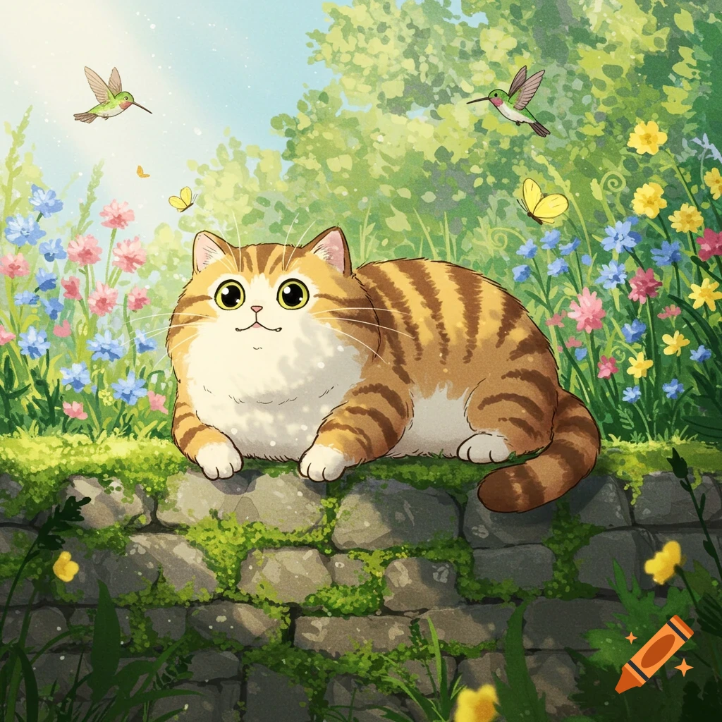 A smiling, plump, striped cat on a mossy stone wall, surrounded by colorful flowers and hummingbirds, in Studio Ghibli style.