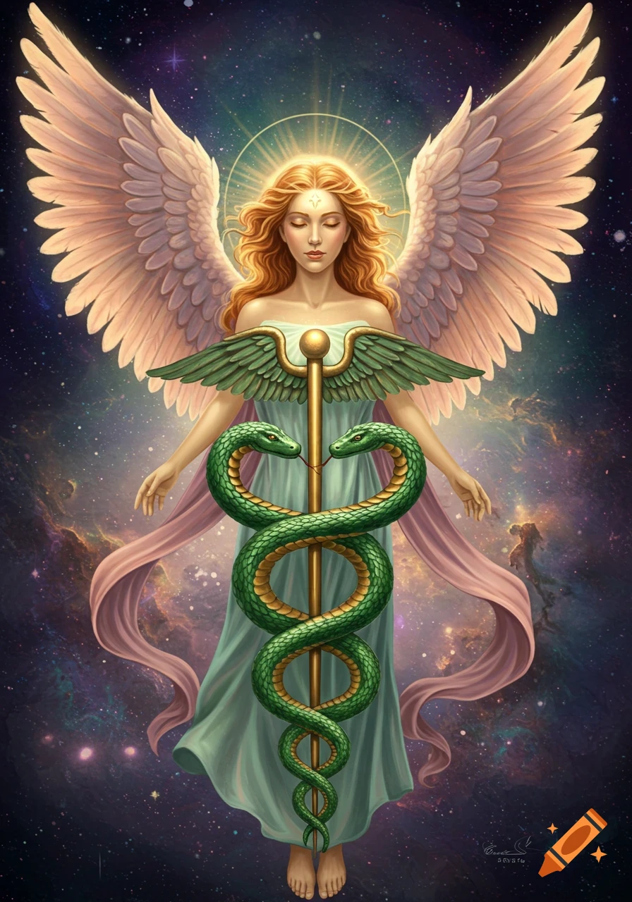 Ethereal angel woman with golden hair and large wings, holding a golden caduceus with two green serpents against a vibrant cosmic background.