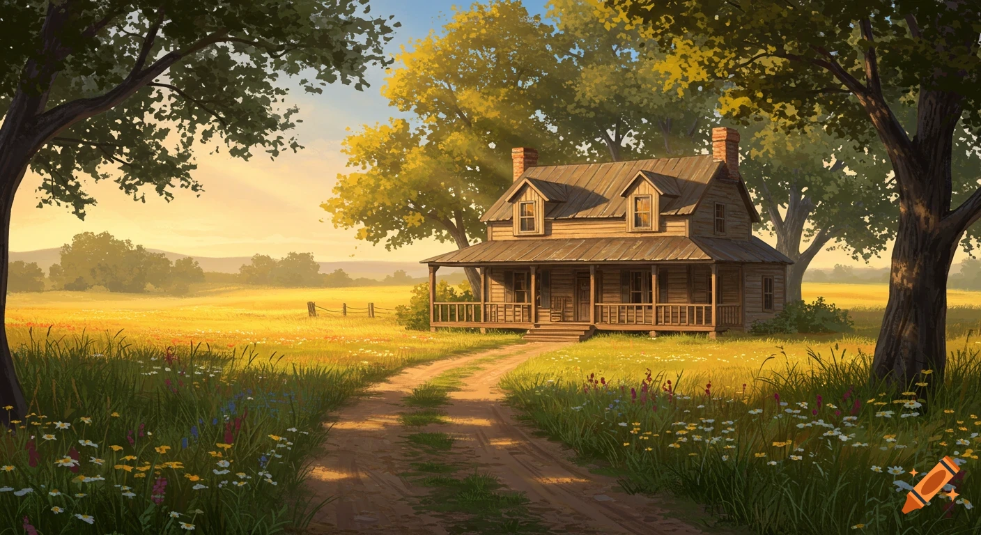 An illustrative painting of a rustic wooden house with a porch and dormer windows, nestled in a sunny field with a dirt path.