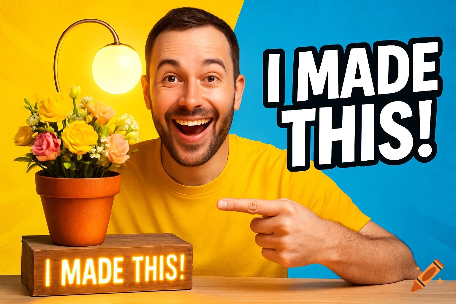 Smiling man points to glowing 'I MADE THIS!' text, with a flower pot light, on a vibrant yellow and blue background.
