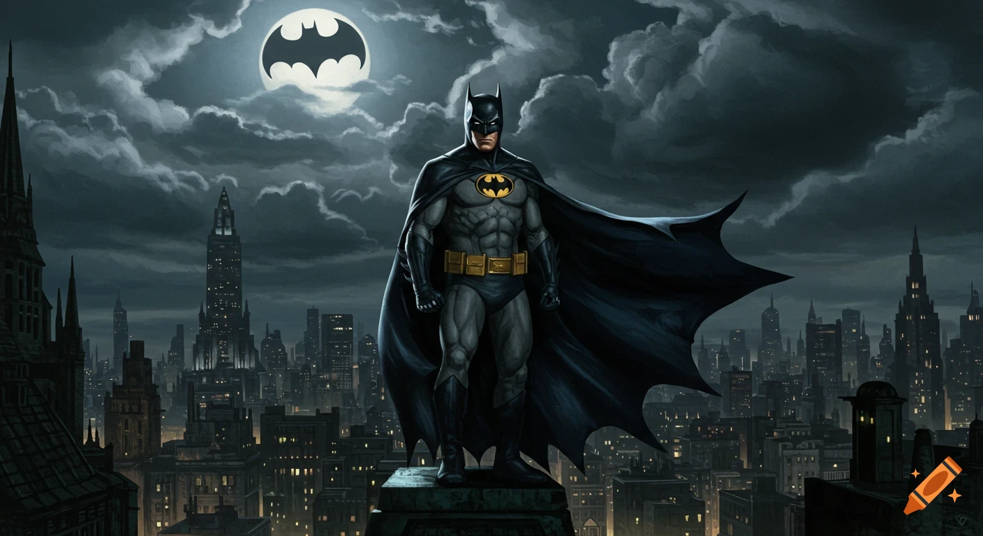 Batman stands atop a building in a dark, cloudy Gotham City, with the Bat-Signal on the moon.