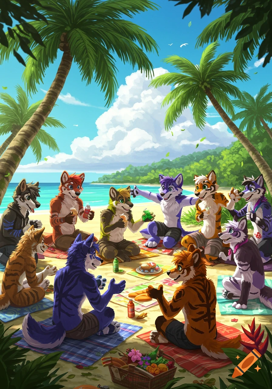A group of colorful furries enjoy a picnic on a sunny tropical beach under palm trees.