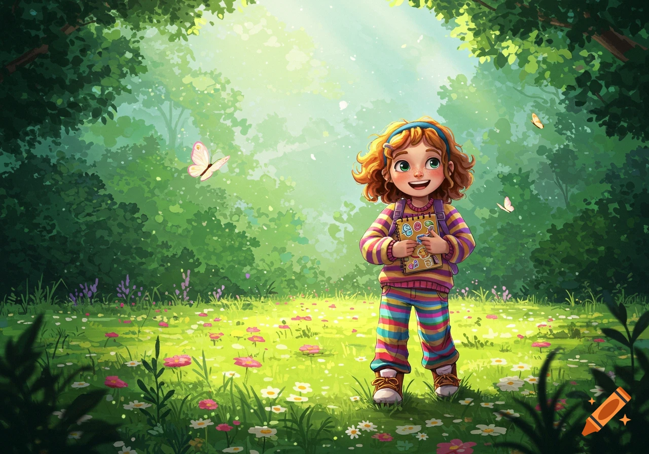 A cheerful cartoon girl with curly red hair and colorful striped clothes holds a notebook in a magical, sunlit forest with butterflies and flowers.