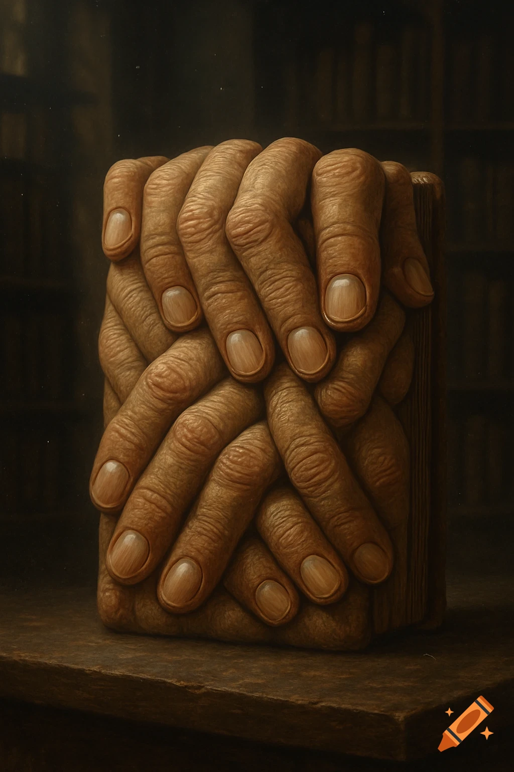 A surreal painting of a book whose cover is formed by many intertwined human fingers, on a dark wooden surface.