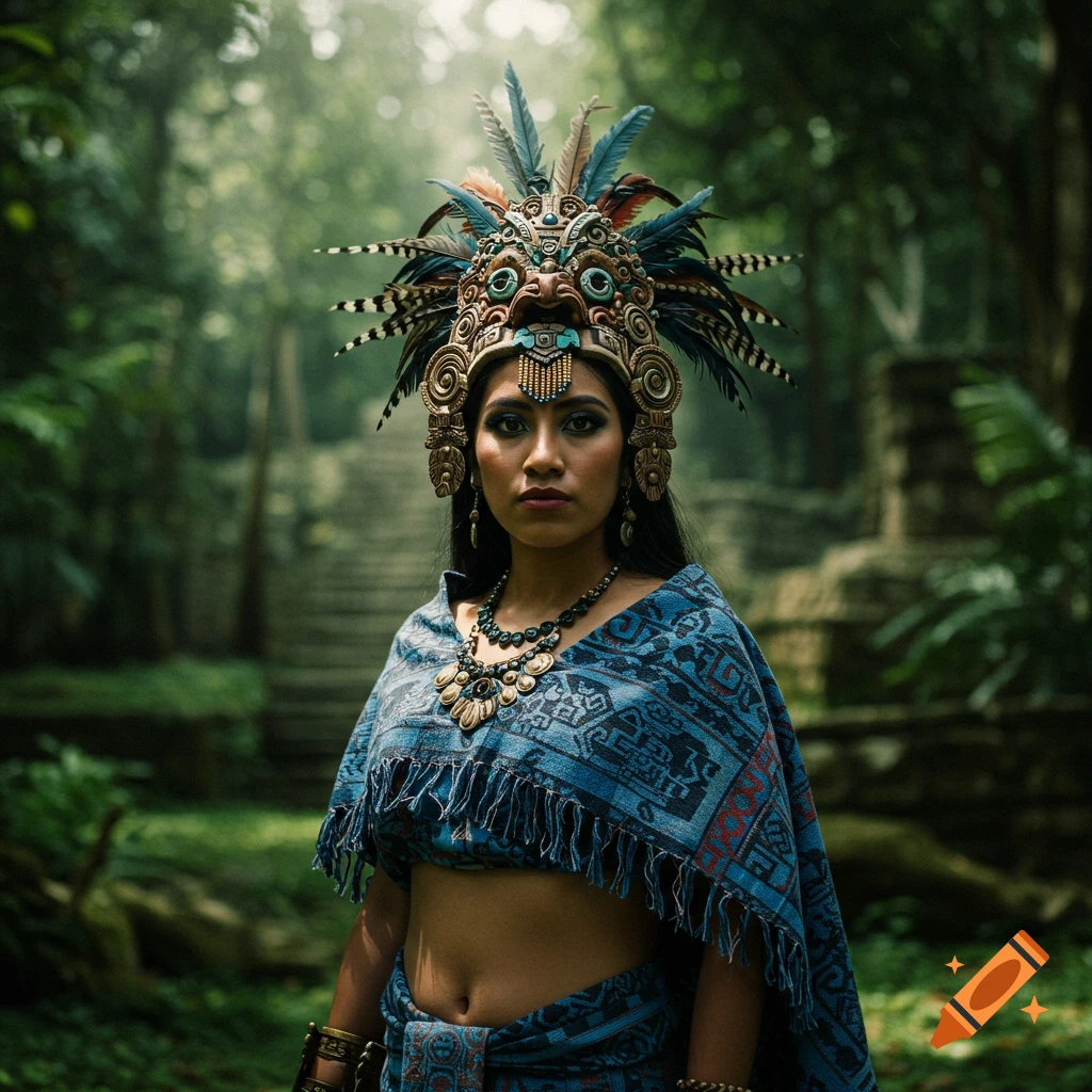 Photorealistic portrait of a woman in an elaborate feathered Mayan headdress and traditional blue attire, in a lush jungle.