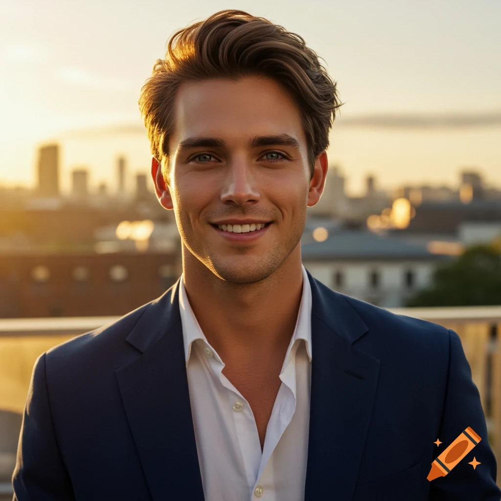 A handsome man in a blue suit and white shirt smiles at the camera on a rooftop, with a blurry golden city skyline at sunset.