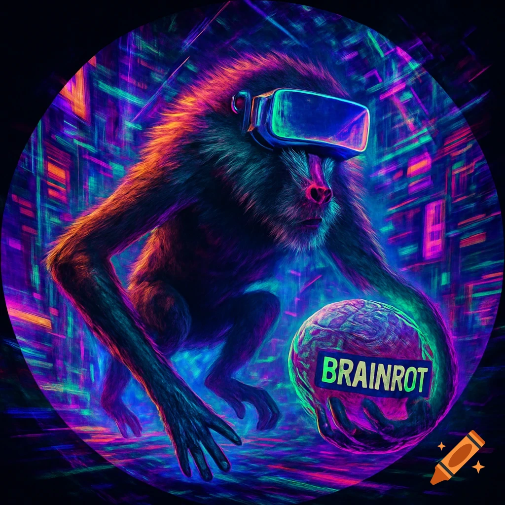 A neon cyberpunk baboon with a VR headset holds a glowing brain labeled 'BRAINROT' in a glitchy, futuristic environment.