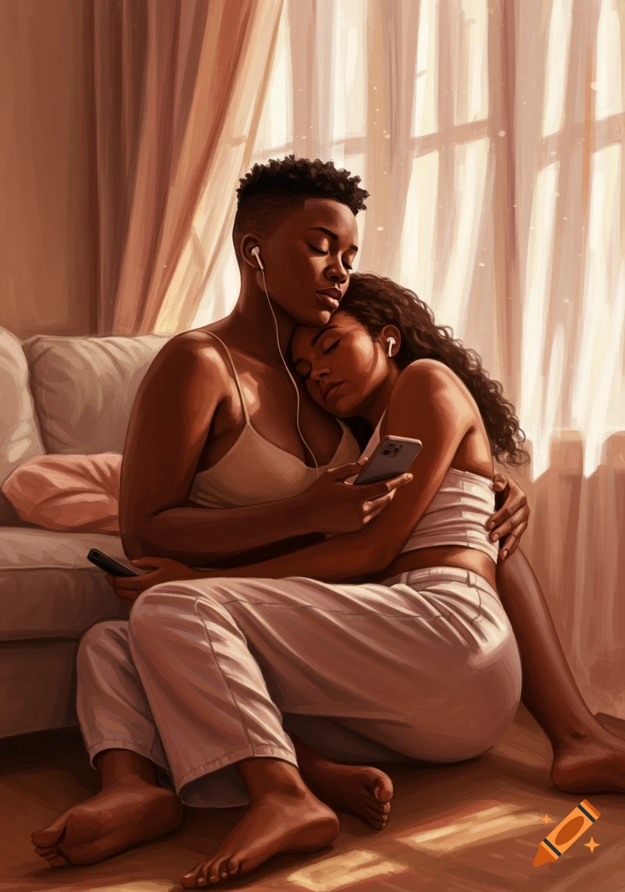 Two Black women embracing, listening to music with earphones, holding phones in a warm, illustrative style.