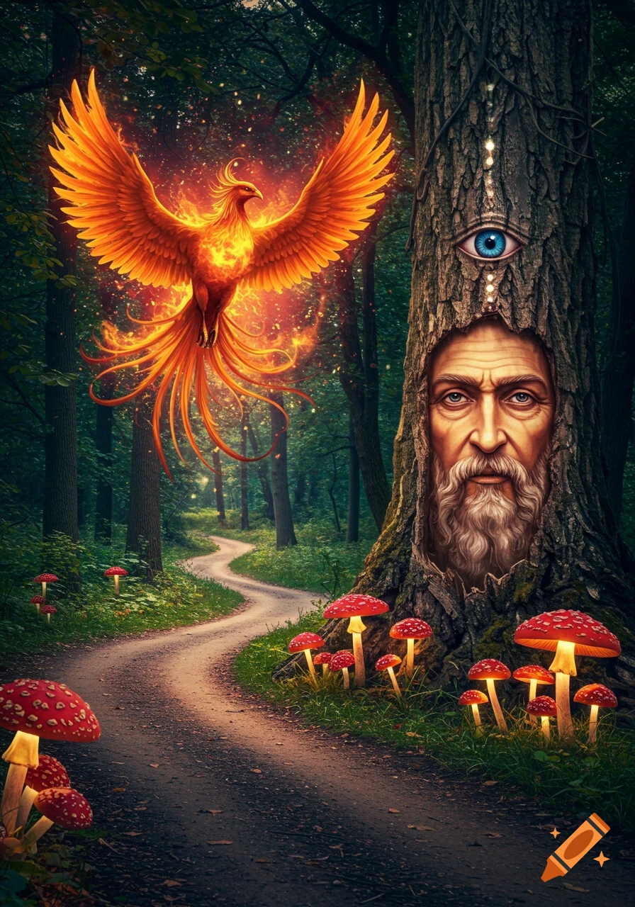 A vibrant, mystical forest path with a fiery phoenix, glowing mushrooms, and a tree featuring a wise face and a third eye.