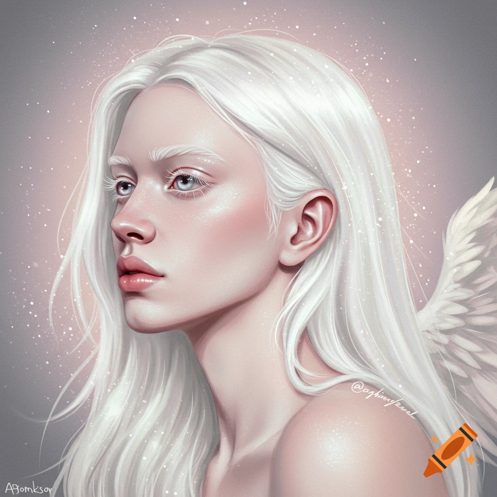 Digital painting of an albino person with long white hair, soft features, and a subtle wing, looking left.