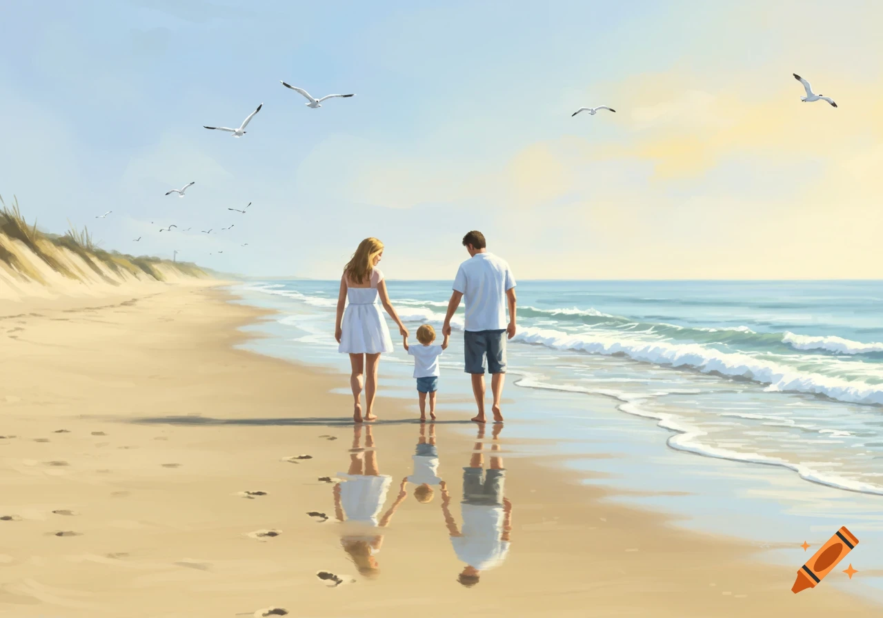 A family walks hand-in-hand along a sunny beach, leaving footprints in the wet sand, with seagulls flying overhead in a painterly style.