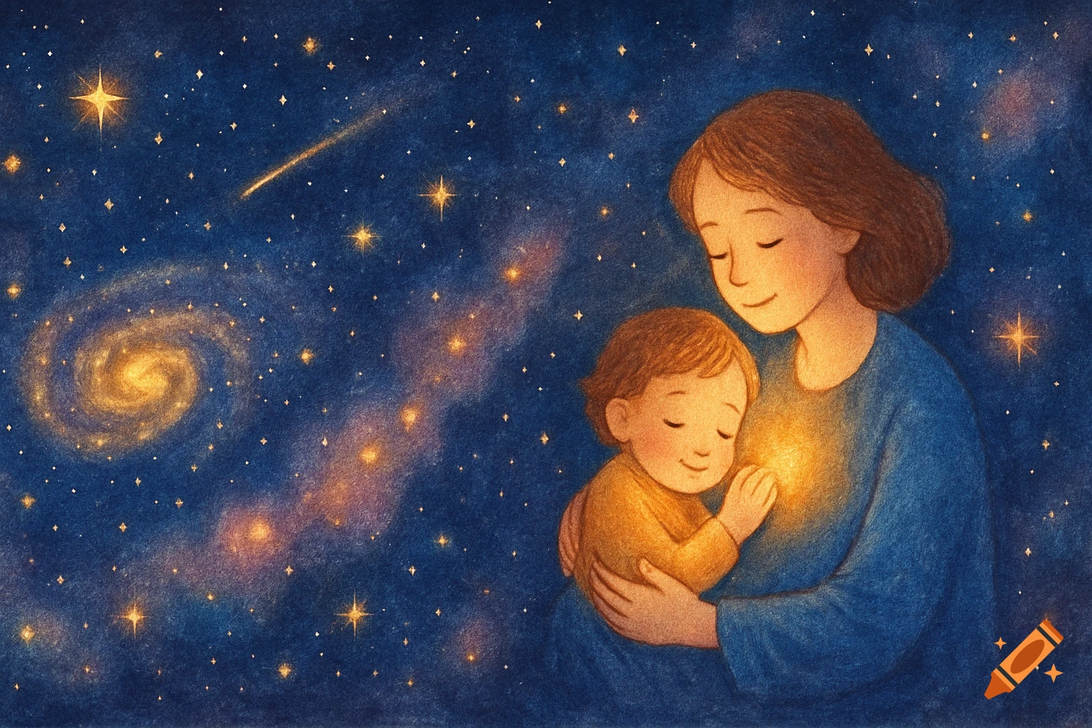 Watercolor illustration of a mother holding her child against a glowing galaxy and starry night sky.