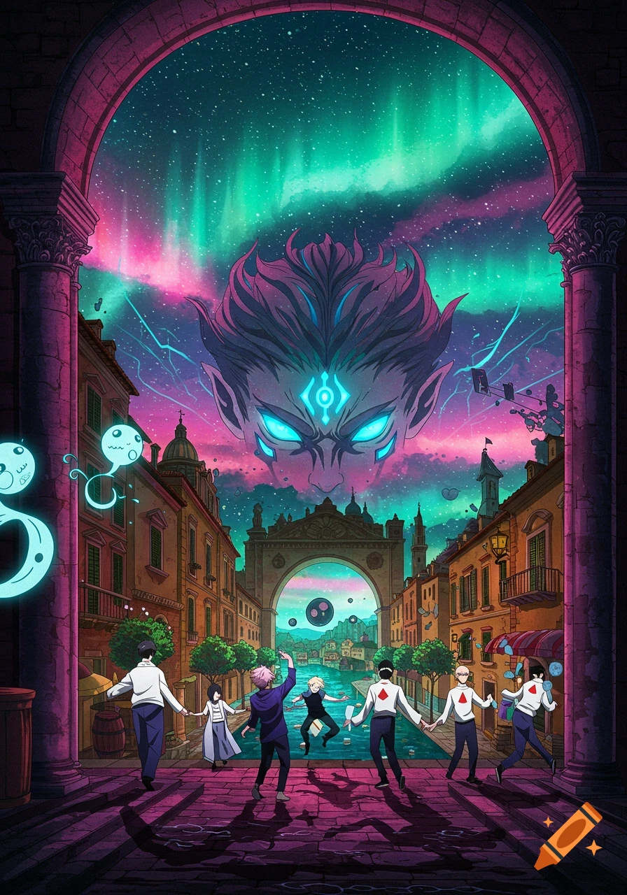 Anime characters in a colorful Italian-style street under an aurora sky with a giant demonic head.