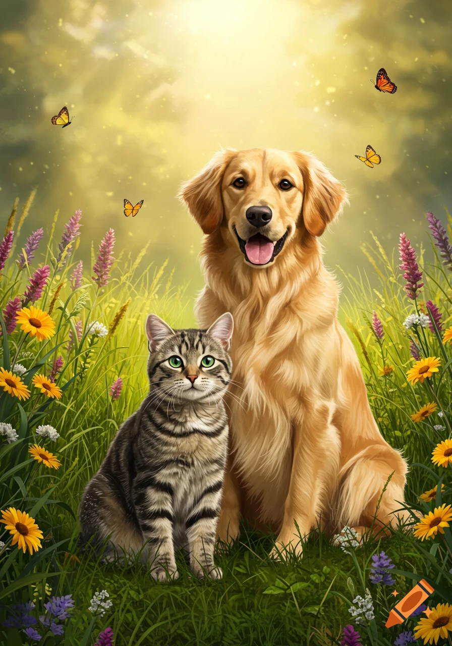 An illustration of a golden retriever dog and a tabby cat sitting in a vibrant field of colorful wildflowers under a sunny sky with butterflies.