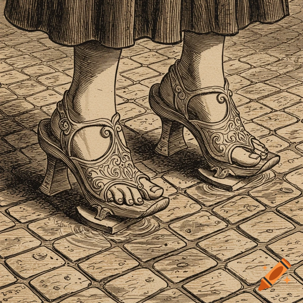 Detailed etching of two feet wearing ornate, historical pattens on a cobblestone surface.