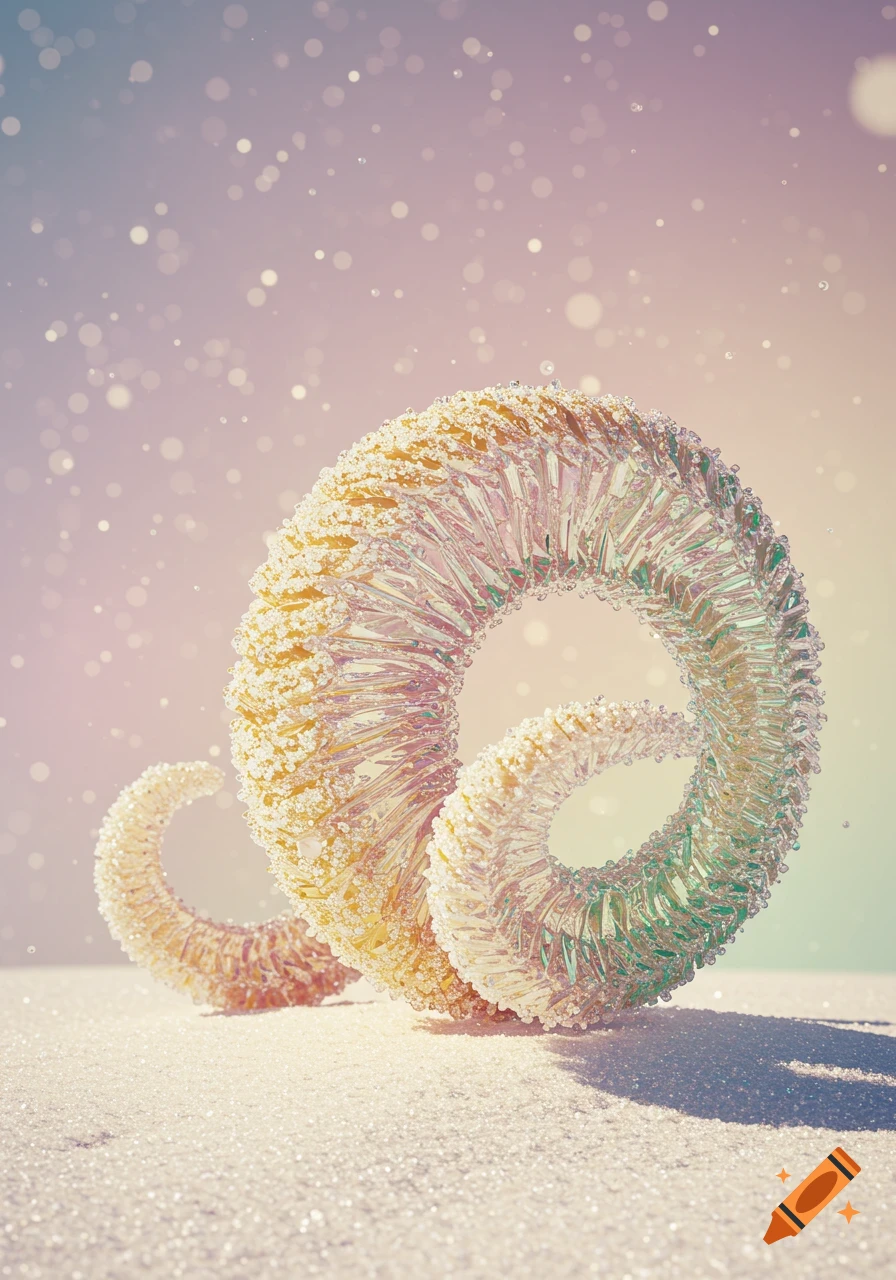 Two sparkling, spiral-shaped objects resembling iridescent rock candy on a sugary surface, with a pastel bokeh background.