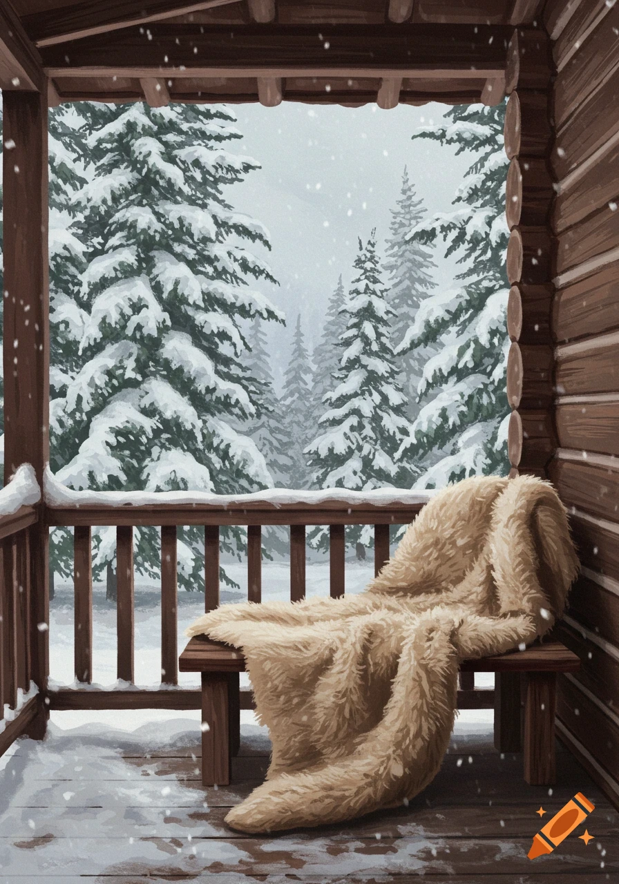 A cozy wooden cabin veranda in a snowy fir forest with a fluffy beige blanket draped over a bench. Winter scene.