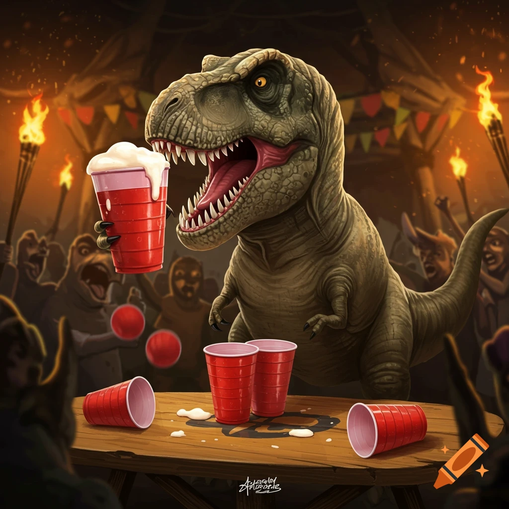 A cartoonish T-Rex plays beer pong, holding a frothy red cup at a lively party with other creatures.