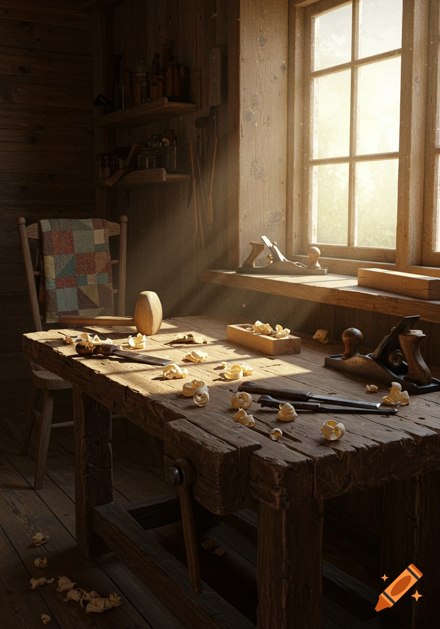 Photorealistic image of a rustic wooden workbench with tools and wood shavings in a sunlit workshop.
