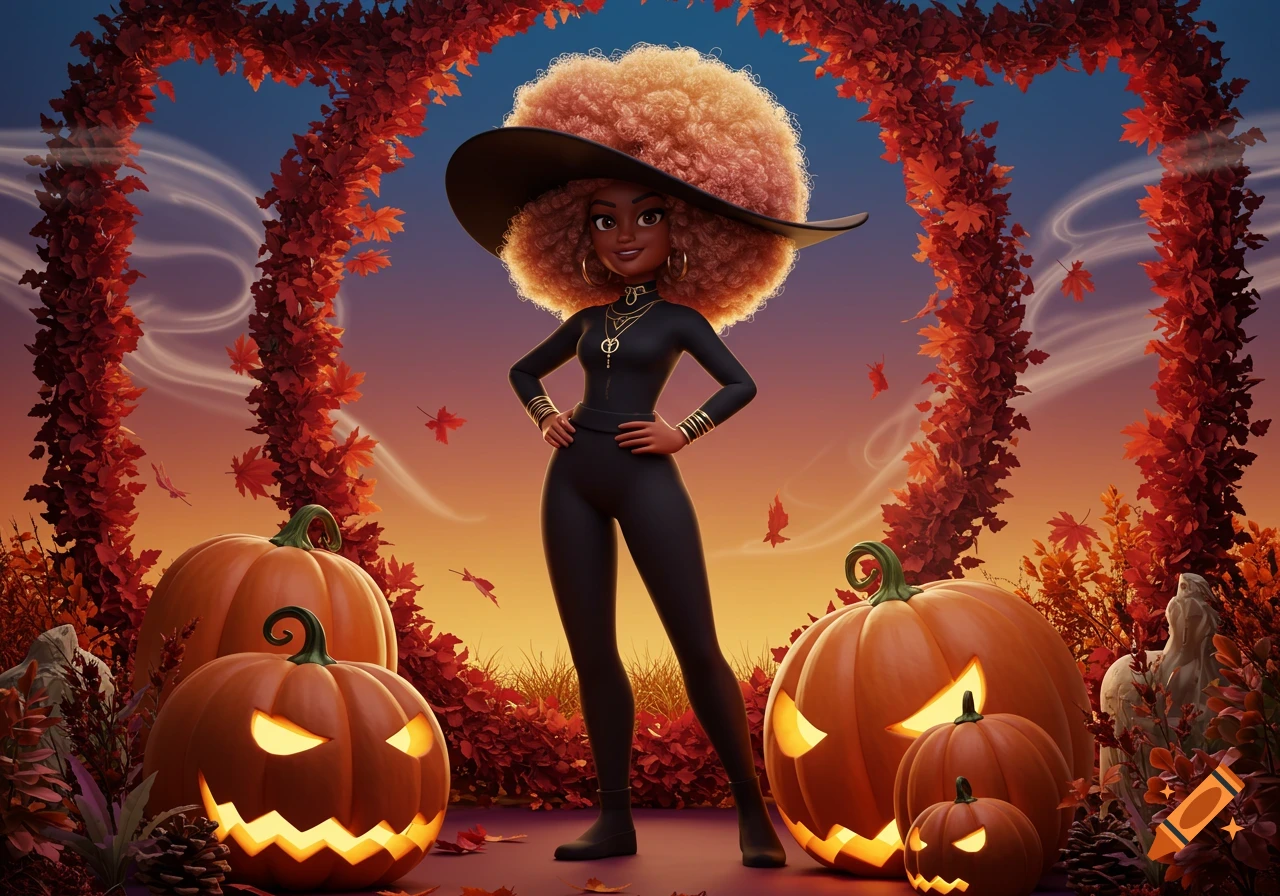 A confident 3D cartoon witch with a golden-pink afro, black outfit, and hat, surrounded by glowing jack-o'-lanterns and autumn leaves.