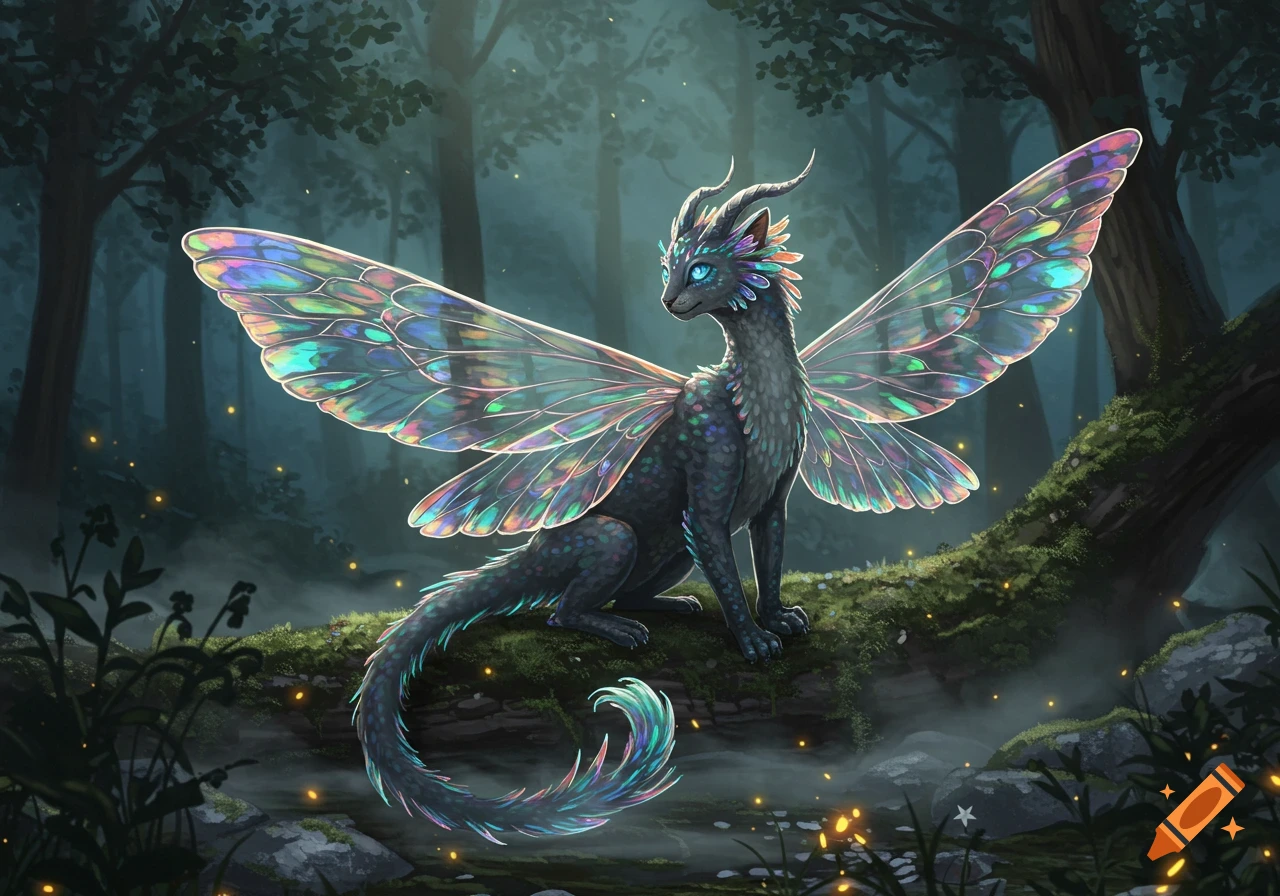 A dark, iridescent winged dragon-like creature with glowing blue eyes sits on a mossy log in a mystical forest.