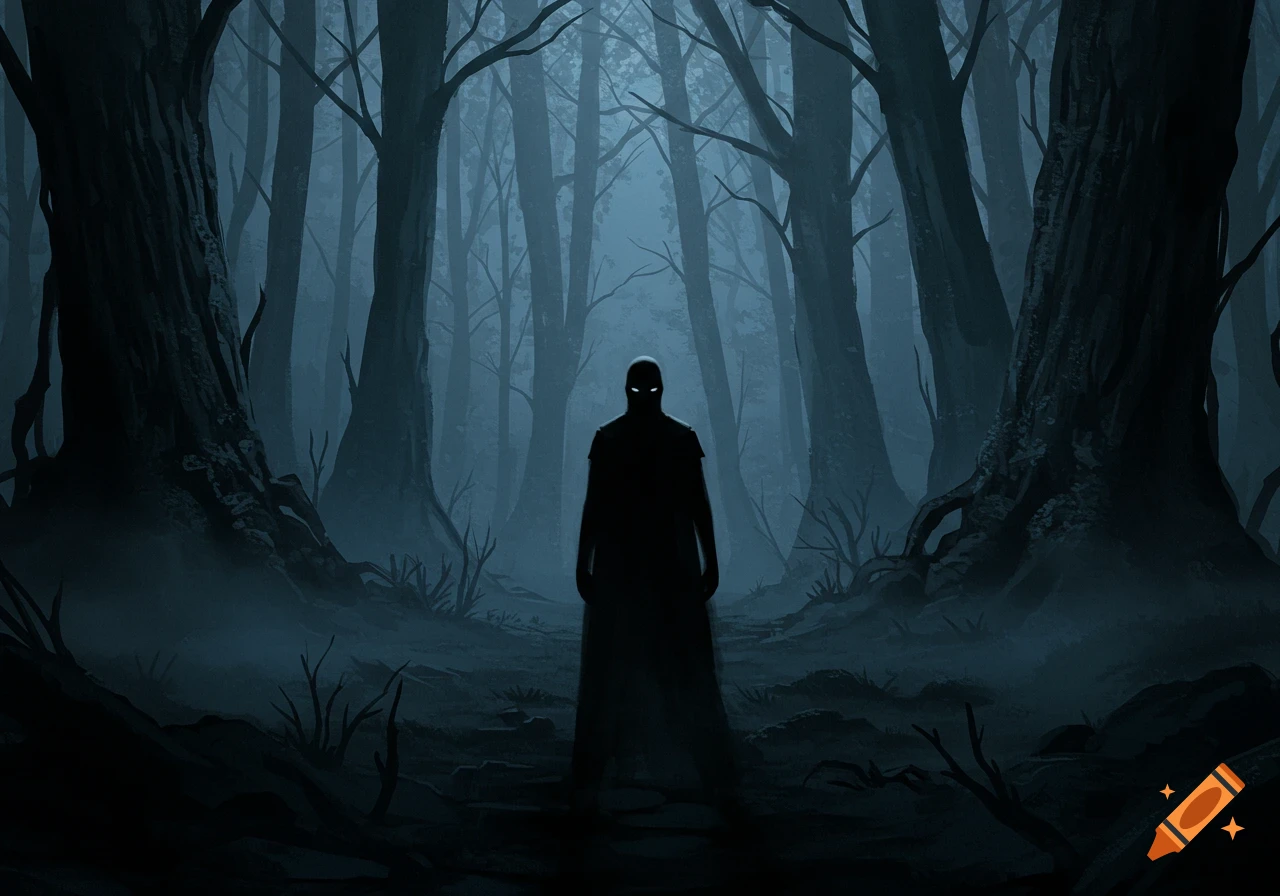 A silhouetted figure with glowing white eyes stands in a dark, misty forest with tall, gnarled trees.
