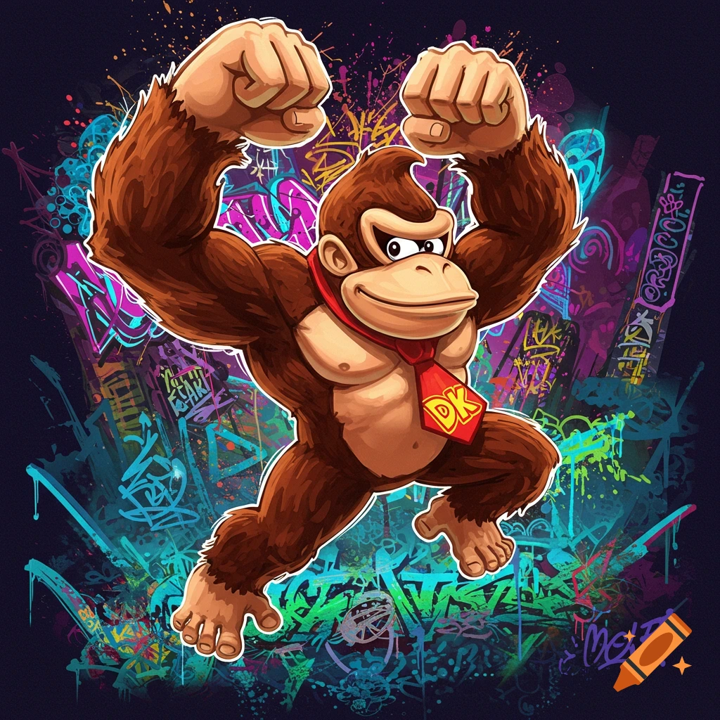 Donkey Kong in a dynamic pose, flexing with fists raised, against a vibrant, multi-colored graffiti background in a cartoon style.