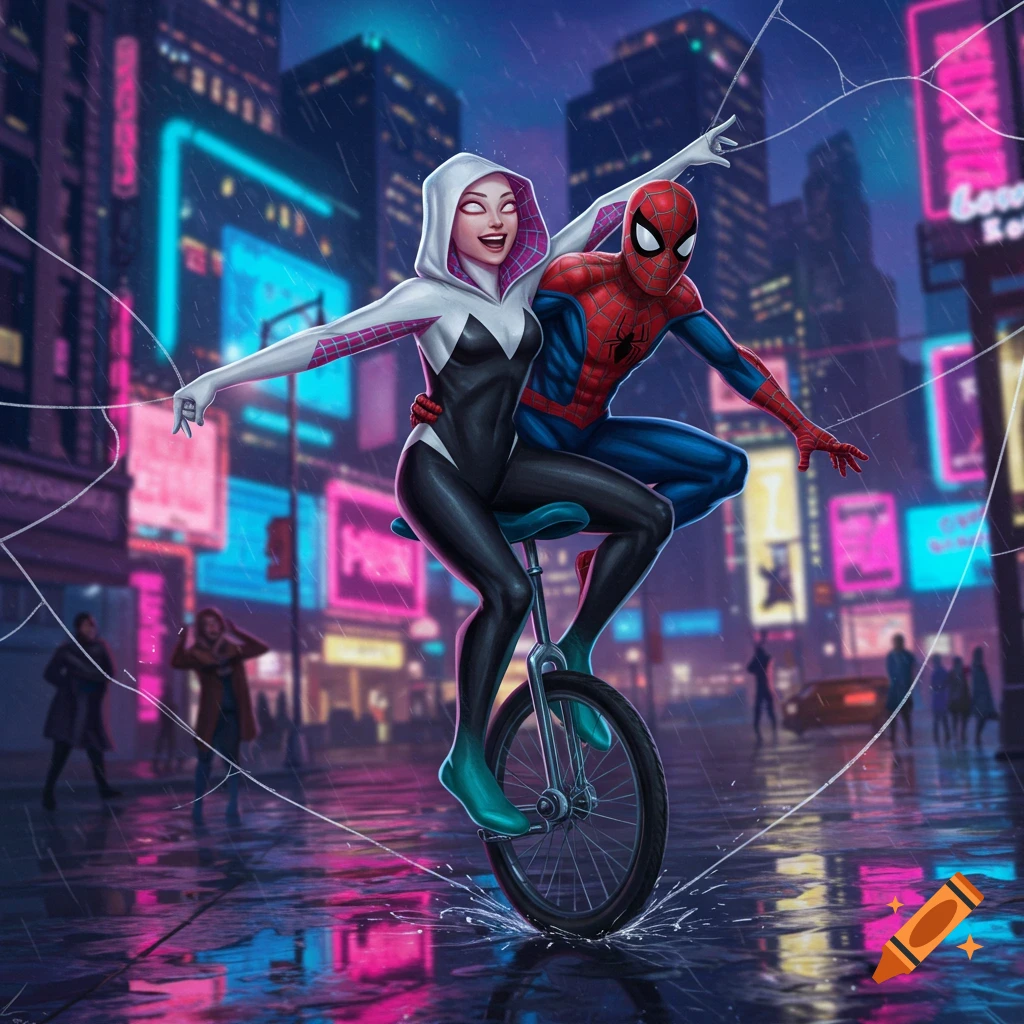 Spider-Gwen rides a unicycle with Spider-Man on her back through a neon-lit, rainy city street in a comic art style.