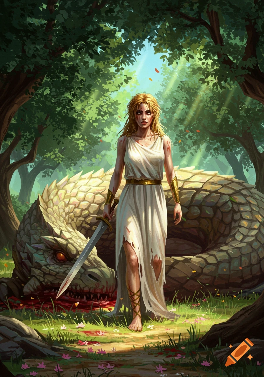 A blonde warrior in a torn white dress stands with a sword over a slain dragon in a sunlit forest clearing, blood on her and the ground.