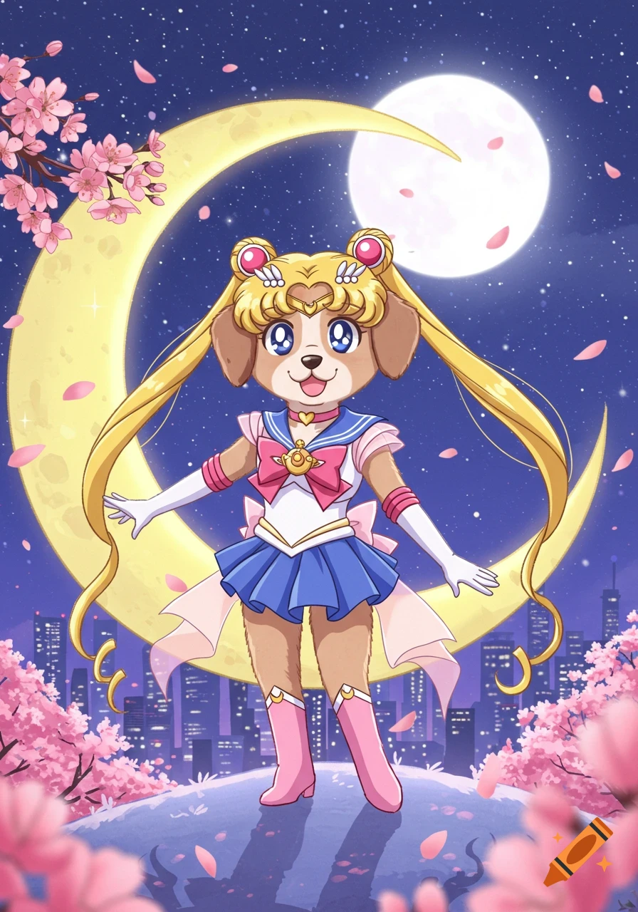 An anime-style anthropomorphic dog dressed as Sailor Moon stands on a hill with a city skyline, large moon, and cherry blossoms.