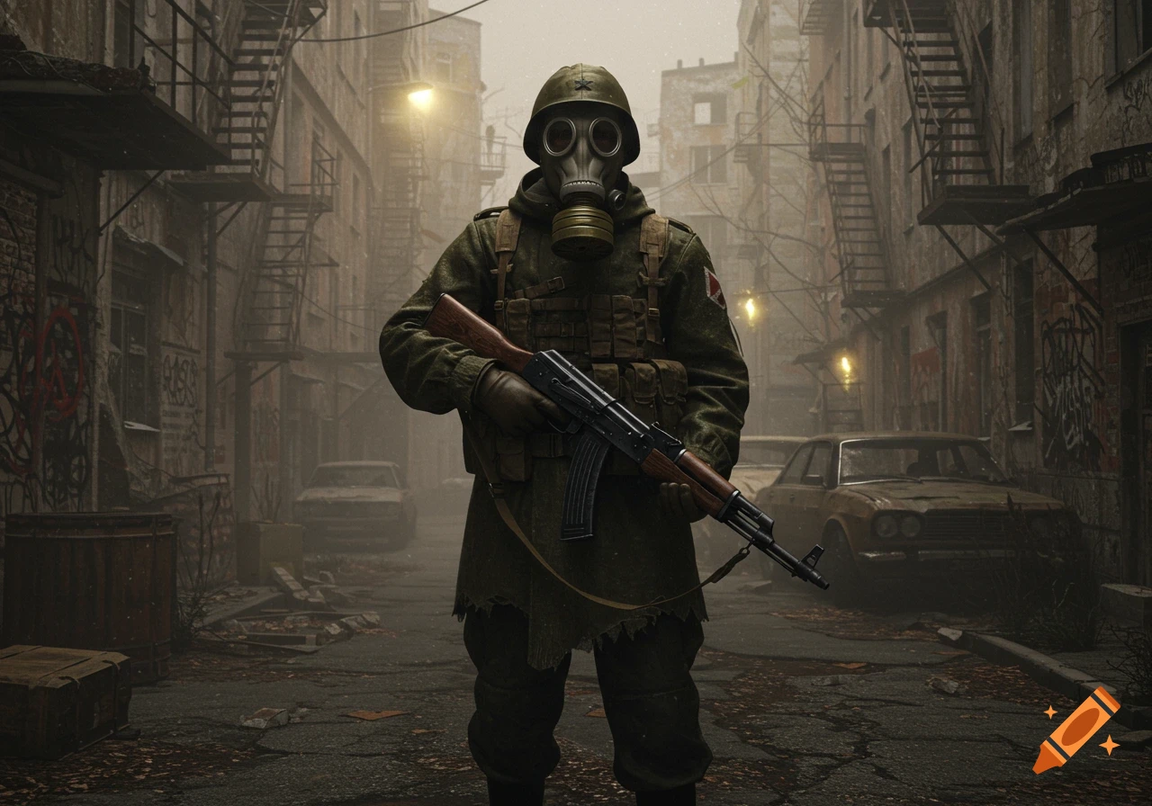 A Soviet soldier wearing a gas mask and military uniform holds a rifle in a rundown, foggy city street with abandoned cars and graffiti, in a photorealistic style.