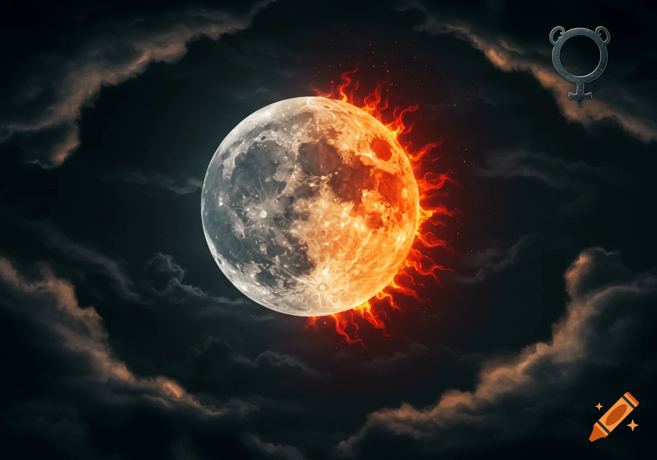 Moon transforming into a fiery sun with Mercury symbol, dark clouds, Tim Burton style.