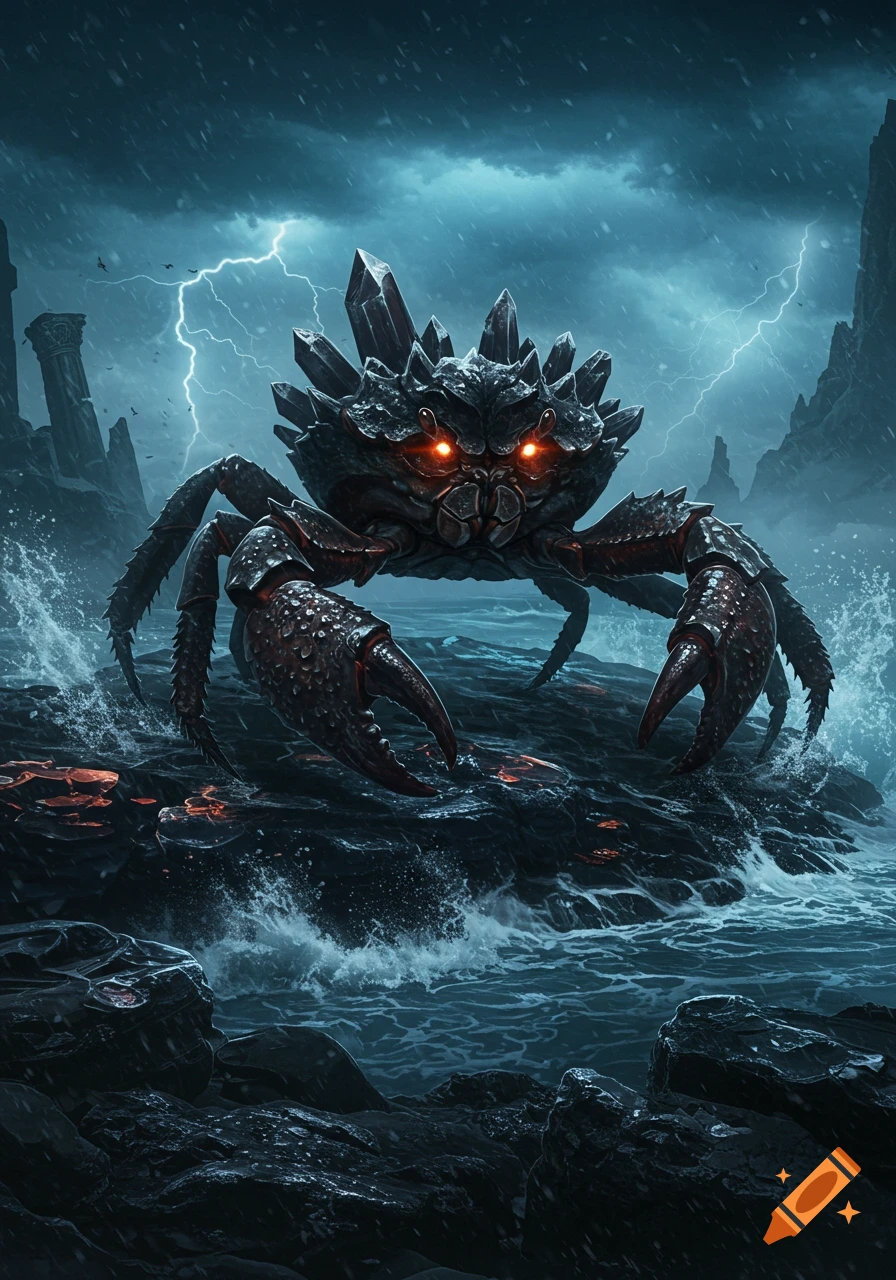 Giant dark fantasy crab with jagged crystal shell and glowing red eyes on a rocky shore during a lightning storm, rain falling.