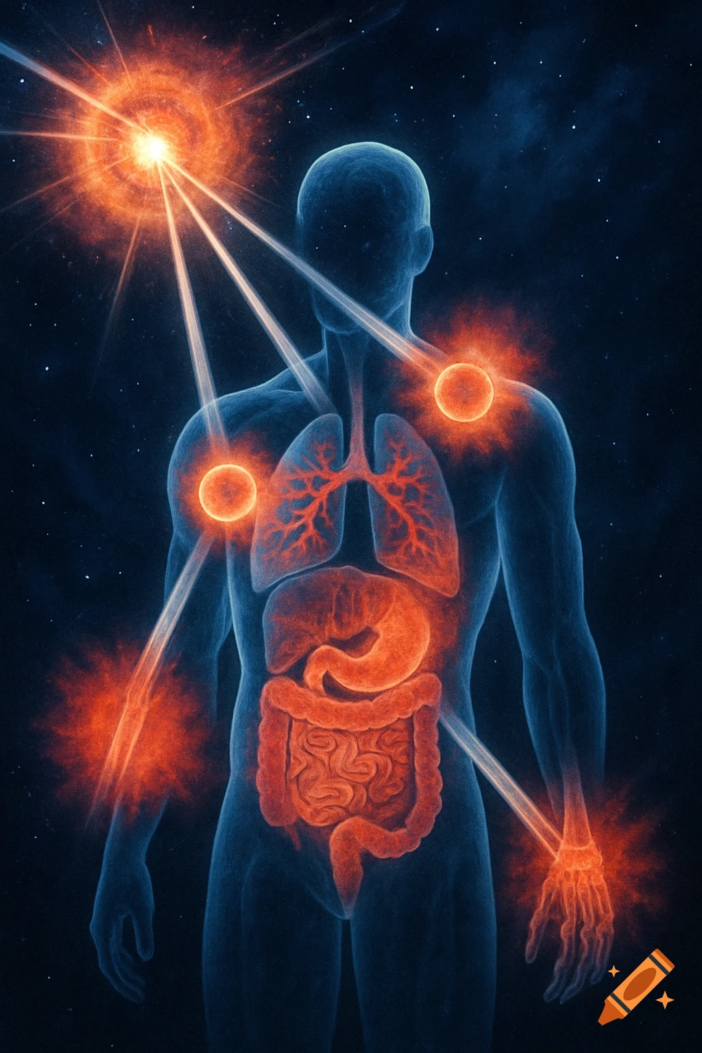 Stylized blue human body with glowing red internal organs and energy beams connecting to external light sources in space.