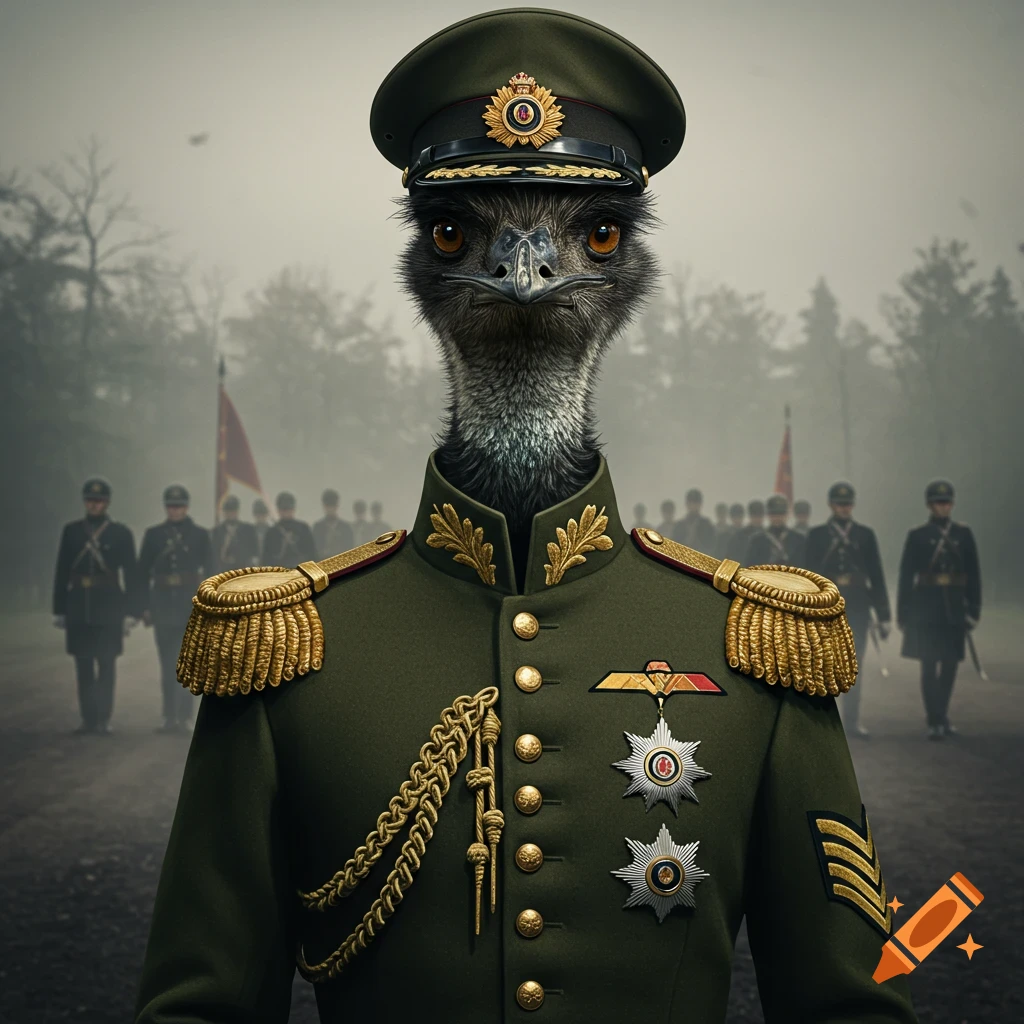 Photorealistic emu in a decorated military uniform stands at attention, soldiers in a foggy background.