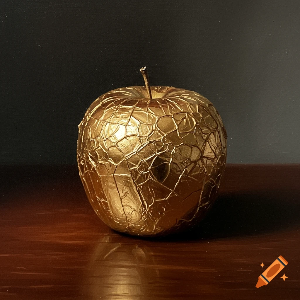 An artistic painting of a golden apple with a crumpled foil texture, resting on a reflective wooden surface against a dark background.