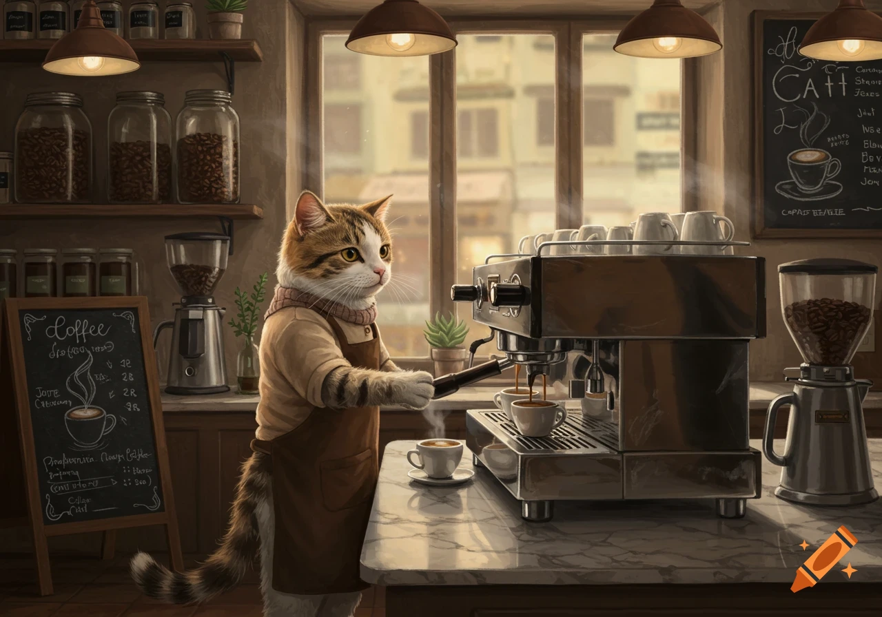 An anthropomorphic tabby cat barista in an apron makes espresso at a coffee machine in a cozy coffee shop.