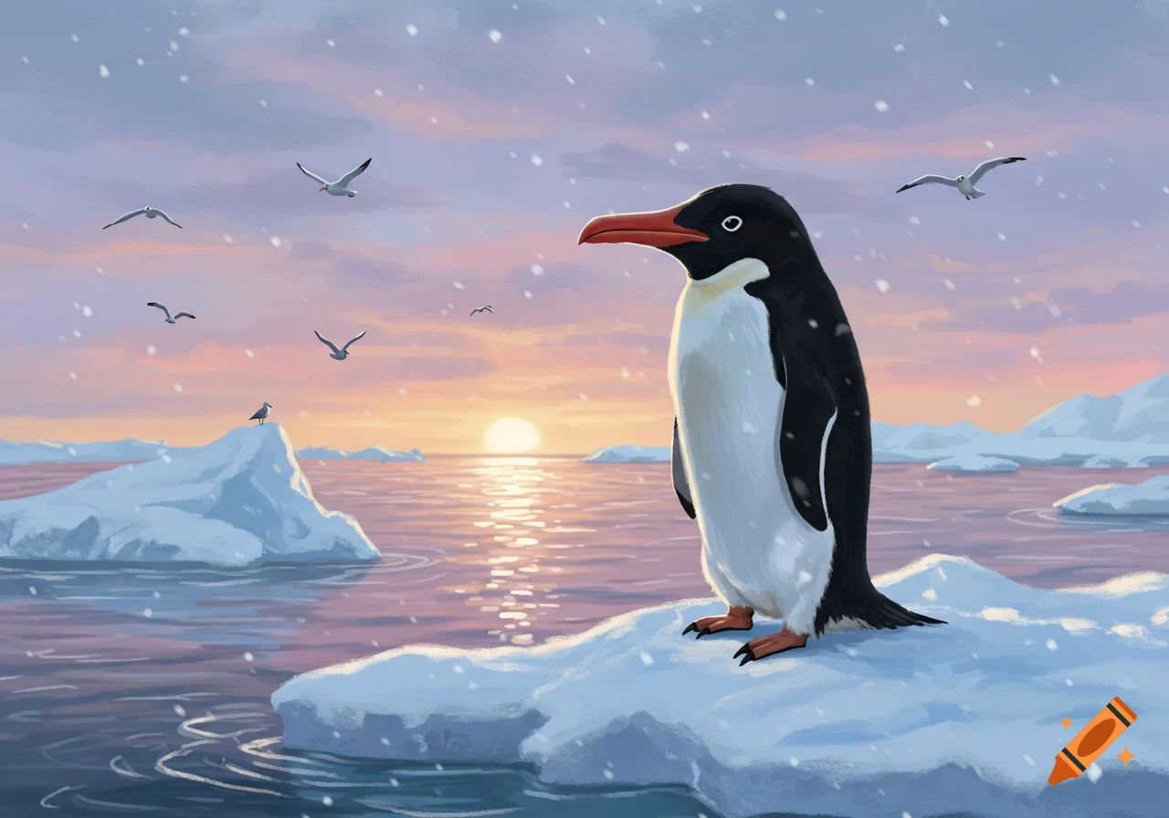 An illustrated penguin stands on an iceberg in a snowy ocean at sunset, with seagulls flying in the distance.