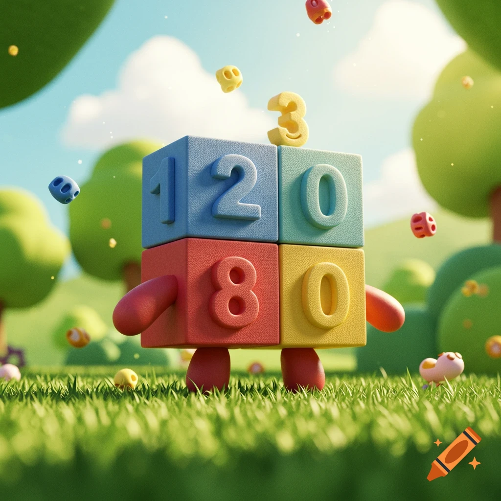 Colorful number blocks with arms and legs stand in a grassy field with trees under a blue sky, surrounded by small floating numbers.