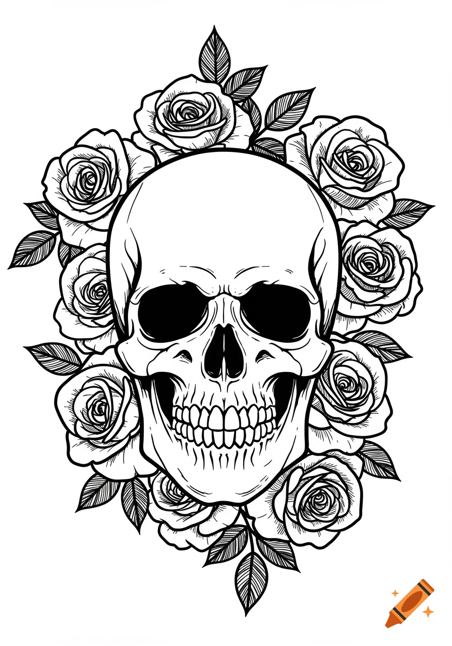 Black and white line drawing of a detailed skull surrounded by blooming roses and leaves.